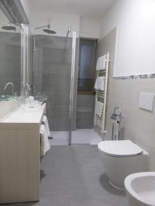 een badkamer met een douche, een toilet en een wastafel bij La Valeriana Farm Apartments in San Daniele del Friuli