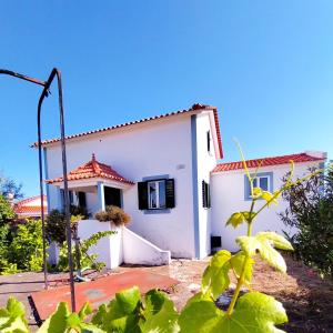 a white house with a red roof at Casa da Lameira in Vilar do Ruivo