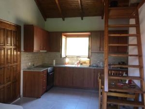 a kitchen with wooden cabinets and a window at Ranias Apartment in Lákka