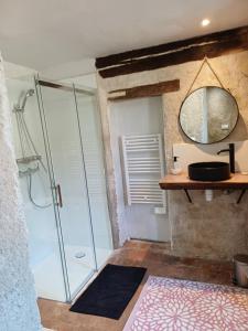 a bathroom with a shower and a mirror at Chambre entrée indépendante dans tour du 15ème siècle in Mauvières