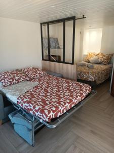 a room with a bed and a mirror in it at Escapade cosy à Voglans avec terrasse au calme in Voglans