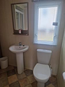 巴德利索尔特顿Elms Caravan with sea views at Devon Cliffs的配有马桶、水槽和镜子的浴室 更多12张照片