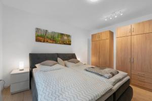 una camera da letto con un letto grande con armadi in legno di Bella Casa a Sankt Wendel