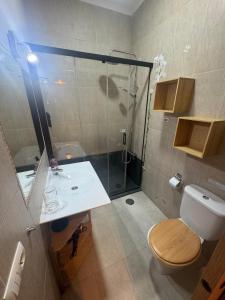 a bathroom with a shower and a toilet and a sink at PRECIOUS AND ORIGINAL APARTMENT CENTER in Cádiz +11 photos
