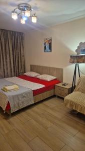 第比利斯ბინა საბურთალოზე 1 საძინებელი #7的卧室里有一张床和一把椅子