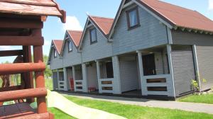 a large house with a red roof on a yard at Domki Bursztynowa Zatoka 2 in Sarbinowo +13 photos