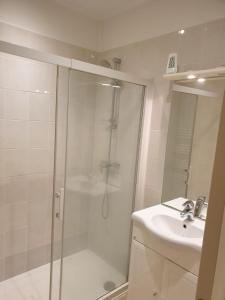a bathroom with a shower and a sink at Quiet flat center Monaco in Monte Carlo