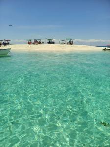 a boat in the water next to a beach at Fins Zanzibar Dolphins Tours in Dimbani