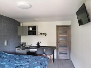 a bedroom with a bed and a kitchen with a table at Giulia Guest House in Sovata +3 photos