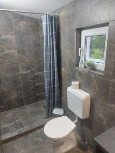 a bathroom with a toilet and a shower curtain at Giulia Guest House in Sovata