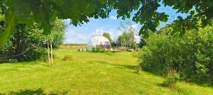 Pomysk WielkiGlamping Kaszuby的远处是一片田野，有一顶巨大的白色帐篷