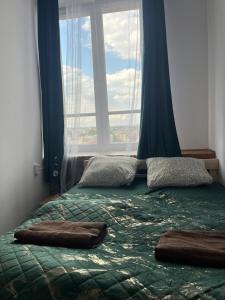 1 cama con 2 almohadas frente a una ventana en TOM PRIVATE room, en Cracovia