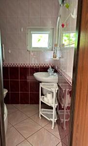 a bathroom with a sink and a mirror at Holiday - domek letniskowy 2 in Charzykowy