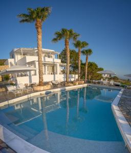 una piscina con palmeras frente a una casa en Villas Agia Irini Cove, en Agia Irini Paros