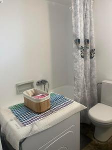 a bathroom with a toilet and a box on a counter at Cozy house by the sea in Batsi