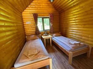 a room with two beds in a wooden cabin at Casutele Ariesene in Arieşeni