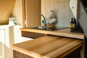 a kitchen with a sink and a refrigerator at Heaven Glamping - 300m from the Beach in Liepāja +17 photos
