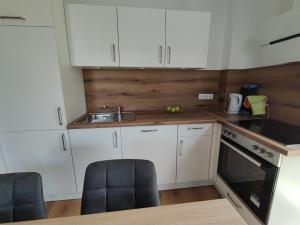 a kitchen with white cabinets and a sink at TOP Ferienwohnung Rosanna - Adults only in Graz +19 photos