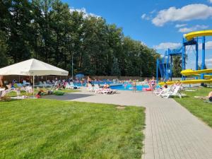 a group of people sitting in the grass by a pool at Zatoka Leśna in Stare Olesno
