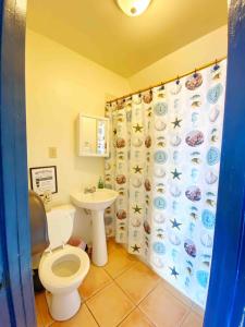 a bathroom with a toilet and a sink at Spacious Two-Bedroom Getaway with Balcony by the Beach in Rincon