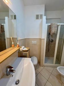 a bathroom with a white sink and a shower at Monolocale Eco del Mare in Portoferraio
