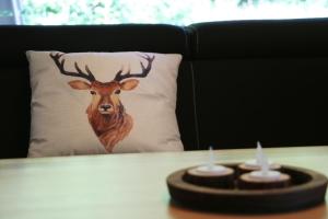 ein Kissen mit einem Hirschkopf darauf neben zwei Kerzen in der Unterkunft Ferienhaus "an der Wiese" für 7 Personen, Todtnau in Todtnau