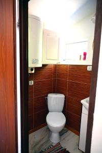 a small bathroom with a toilet and a sink at Radawa domek in Radawa