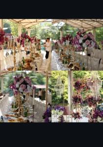 a collage of photos of a table with flowers at machakhela Resorts in Sindietʼi +1 photo