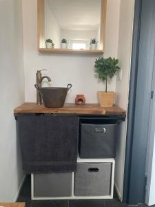 a bathroom vanity with a sink and a mirror at Maison cosy & chaleureuse - Jardin & Piscine in Hoenheim +8 photos