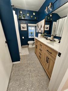 a bathroom with blue walls and a toilet and a sink at Historic Farmhouse - Tranquil Nature Escape in Hondo +31 photos