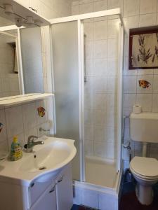 a bathroom with a sink and a shower and a toilet at Apartmani Štulec in Preko +36 photos