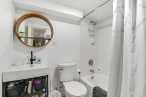 a bathroom with a toilet and a sink and a mirror at Logan Square Urban Oasis: 2 Mi to Local Hotspots! in Chicago +17 photos