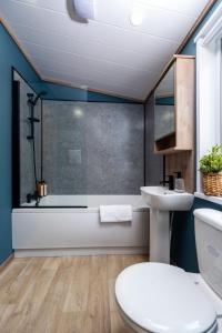 a bathroom with a toilet and a sink and a tub at Hot Tub Lodge, Victory Liberte 104 in St. Andrews