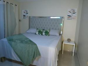 欧丘里欧Carib Waves的一间卧室配有一张带银色床头板的大床