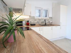a kitchen with white cabinets and a potted plant at Holiday Home Sova by Interhome in Nečujam +16 photos
