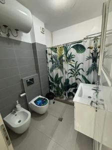 une salle de bains avec toilettes et lavabo dans l'établissement Çuka Apartment, à Pogradec