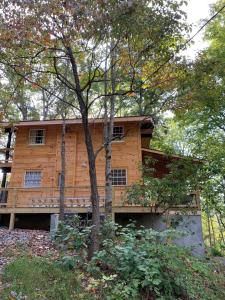 a wooden house with a tree in front of it at Hickory Ridge - HotTub - GSMNP, NOC, Train and Fontana Lake in Almond