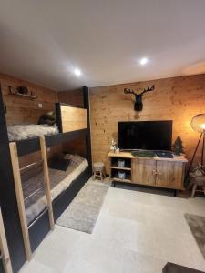Chalet de montagne familial في Montferrier: غرفة بسريرين بطابقين وتلفزيون بشاشة مسطحة