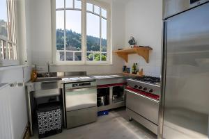 a kitchen with stainless steel appliances and a window at La Demeure Du Tabellion in Mont-Dore
