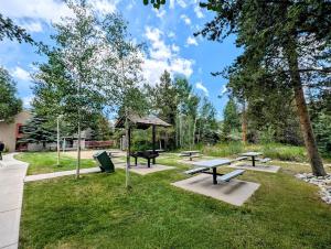 a park with picnic tables and a picnic shelter at Flying Dutchman 1155 by SummitCove Lodging in Keystone