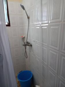a bathroom with a shower and a blue bucket at Eliogemi Guest Room in Gbawe