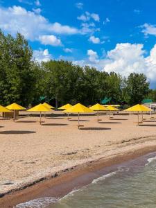 a group of yellow umbrellas on a beach at Raduga Orion villa in Chon-Sary-Oy
