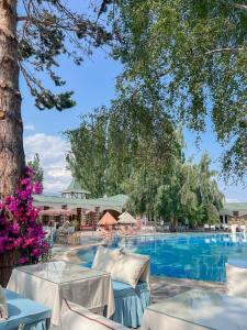 a swimming pool with tables and chairs next to a tree at Raduga Orion villa in Chon-Sary-Oy