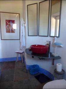 a bathroom with a red bowl sink on a counter at Herdade Da Carapuça in Portalegre