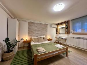 a bedroom with a bed and a desk in it at M Place in Zvezdara