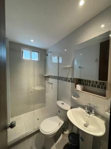 a bathroom with a toilet and a sink and a shower at Apto Grand- Ithiel in Barranquilla