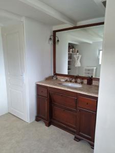 a bathroom with a sink and a large mirror at Duplex piscine calme in Vendémian