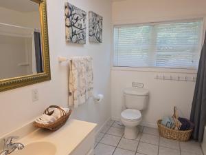 a bathroom with a toilet and a sink and a mirror at Mallard Cove - lakeside pet friendly in Robbinsville +20 photos