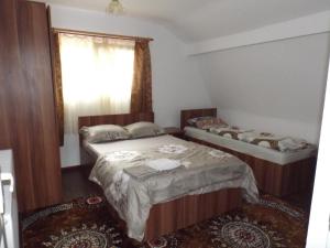two beds in a room with a window at Cabana La Marian in Munună