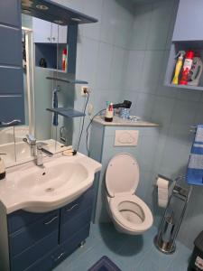 a bathroom with a white toilet and a sink at Apartman BELLA in Doboj